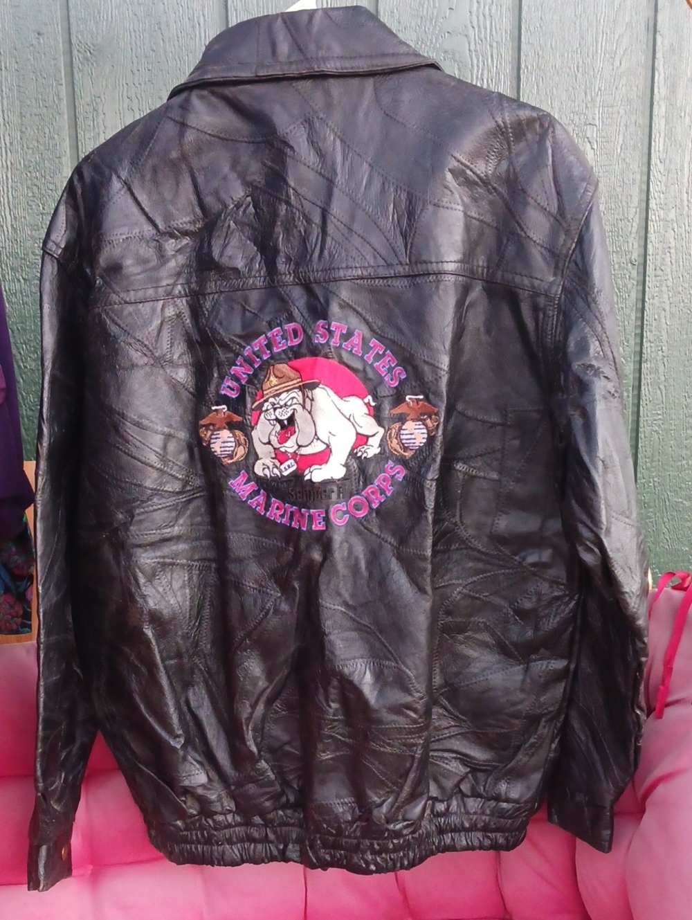 Black Leather Jacket with United States Marine Corps Bulldog Patch